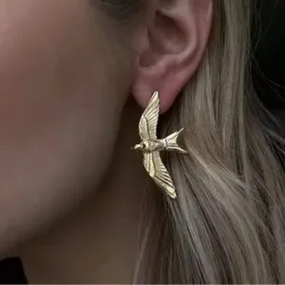Stainless Steel 18k Gold Plated Vintage Stereoscopic Bird Earrings for Women